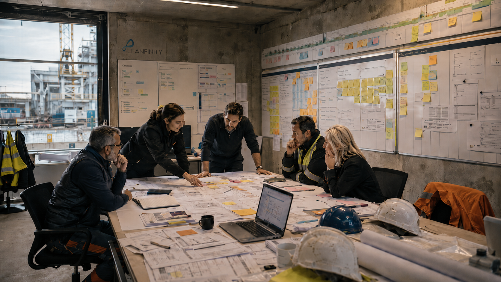 Equipe projet autour de plans et de routines de pilotage Lean