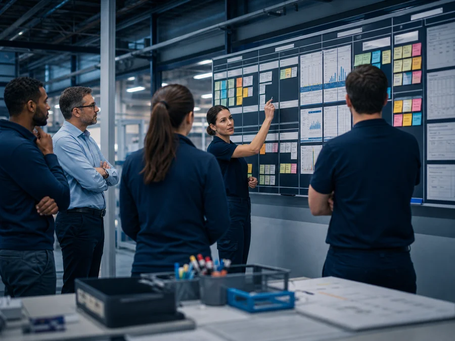 Brief equipe devant un tableau de management visuel