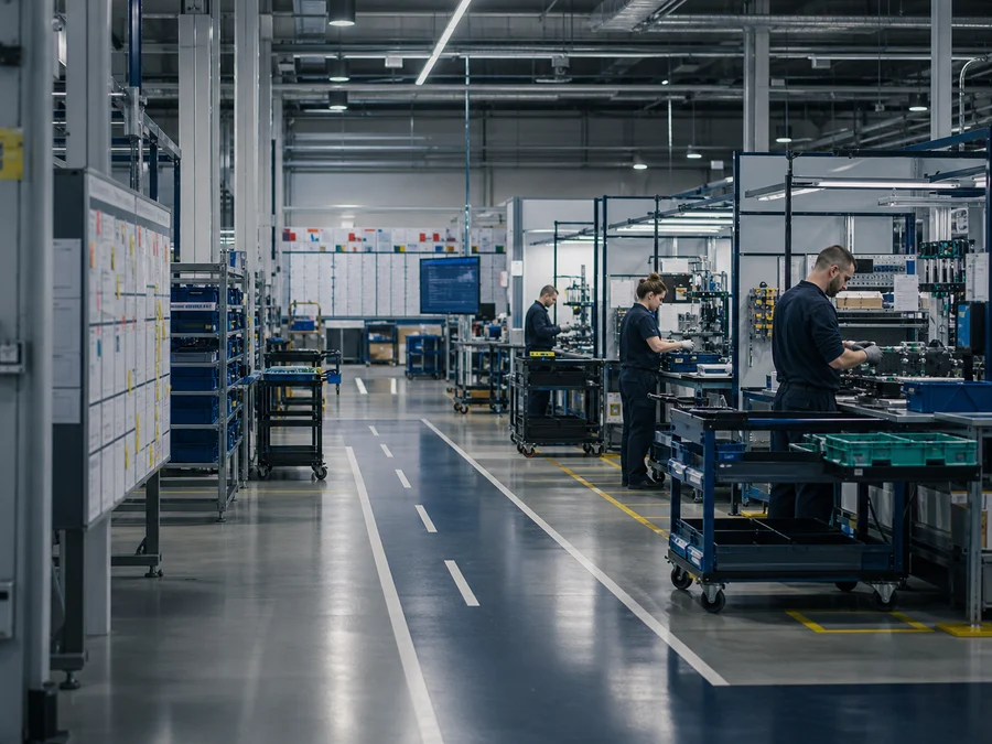 Atelier de production organise avec flux logistique structure