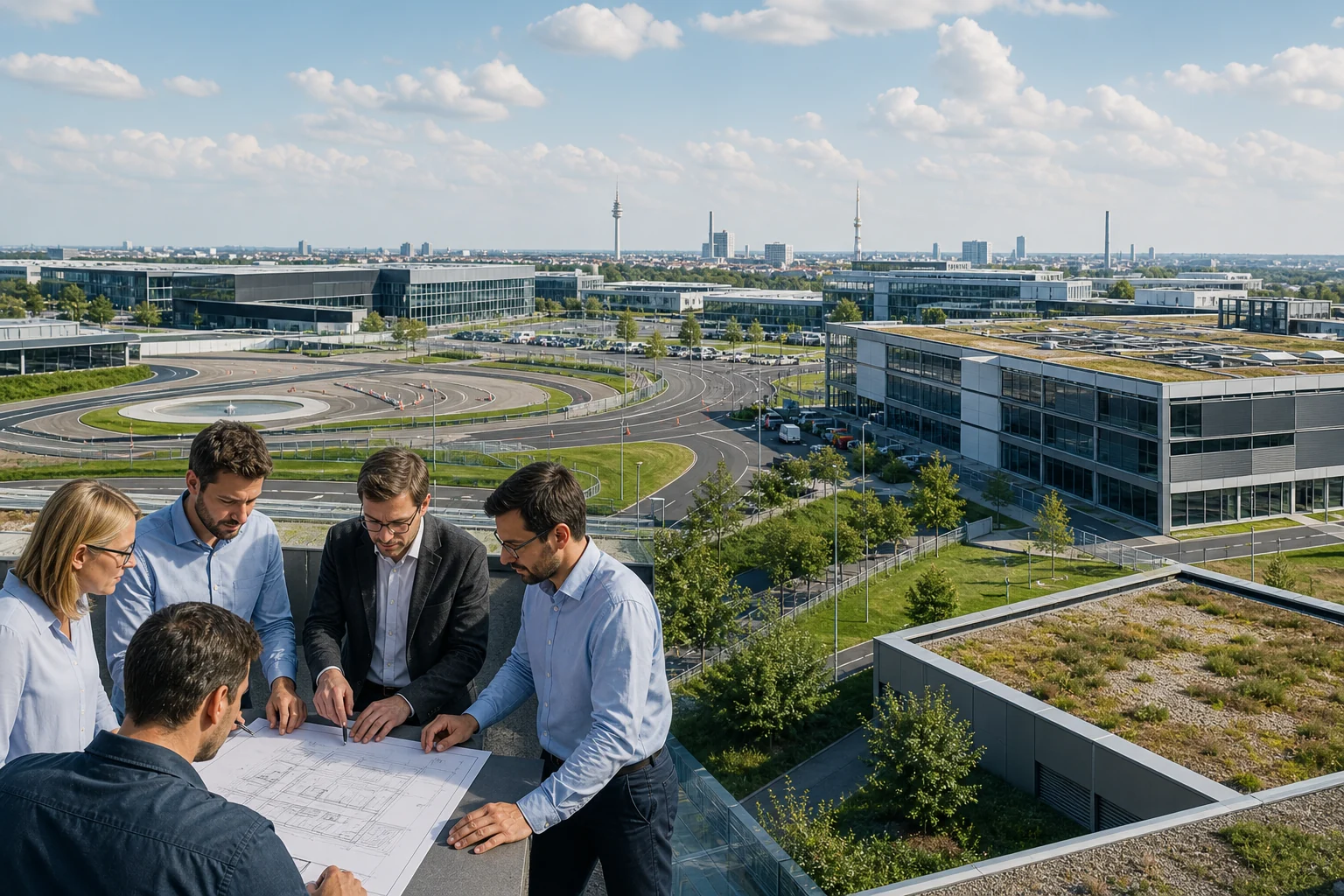 Illustration editoriale d'un campus automobile et d'une equipe de conception collaborative